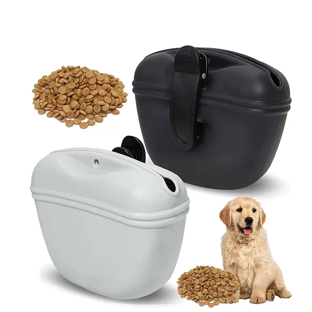 Silicone Treat Pouch in Black & Stone — two pouches with clips beside kibble and a puppy