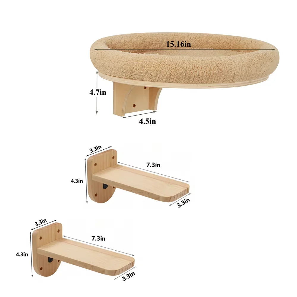 Wall Climbing Set in Sand — bed with two pine steps and dimensions on a white background