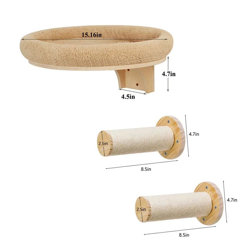 Wall Climbing Set in Sand — bed with two sisal posts and dimensions on a white background