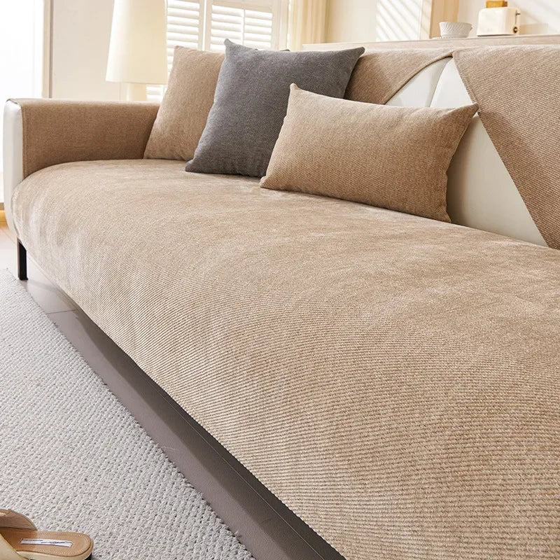 Chenille Sofa Cover in Camel — covering the seat and back of a cream sofa