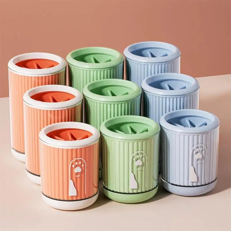 Paw Cleaning Cup in Sage, Blue and Orange — three sizes of each color lined up