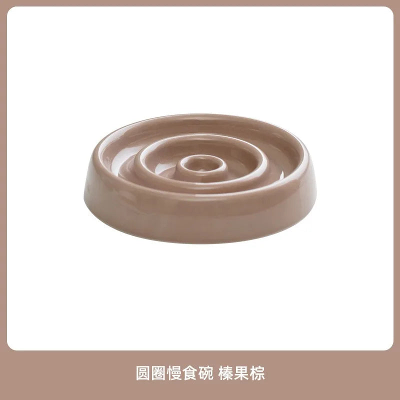 Ceramic Slow Feeder Bowl in Cocoa — studio view of the concentric ridges on a white background