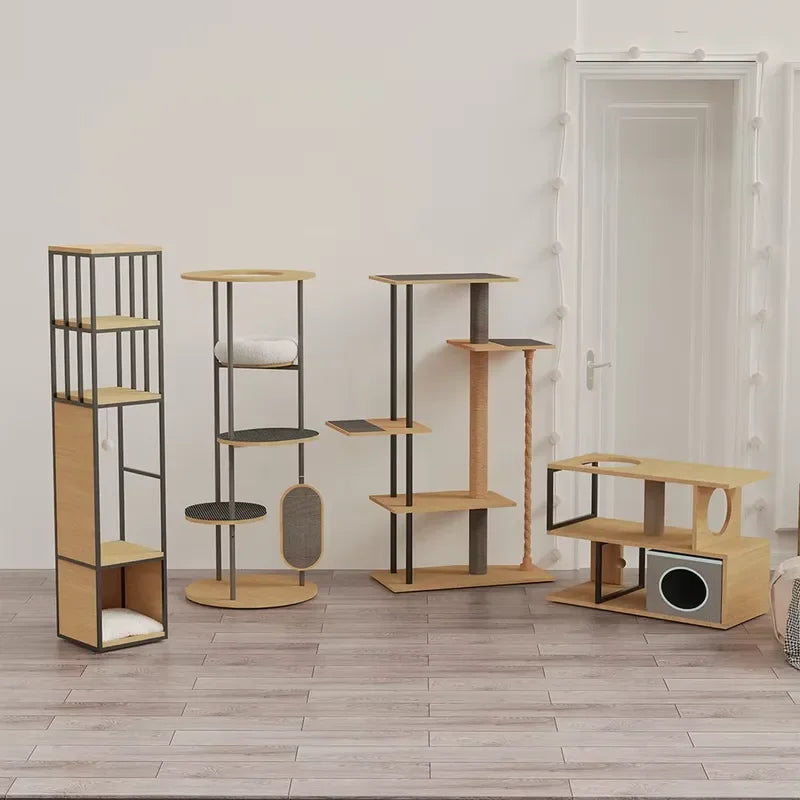Modern Cat Tree in all four styles — Shelf Tower, Round Tower, Step Tower and Low Console in a bright room