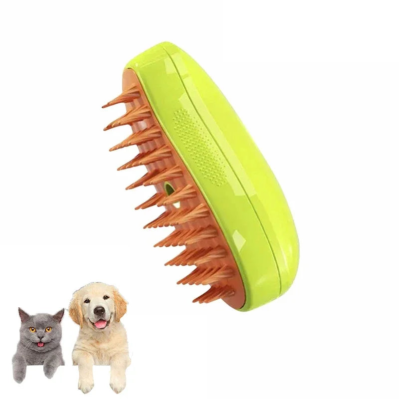 Steam Grooming Brush in Lime — side view with a cat and dog on a white background