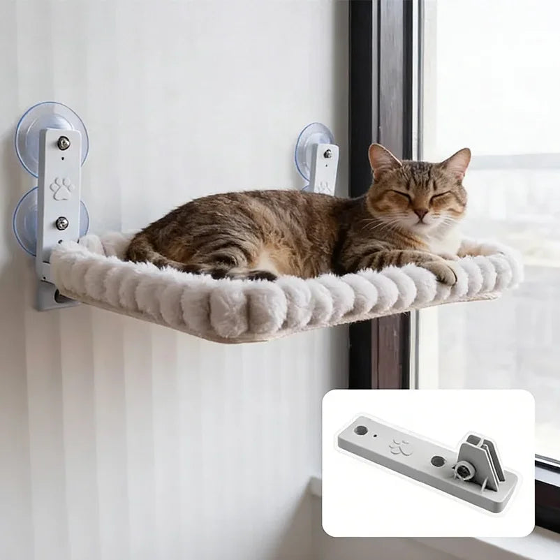 Window Perch in Cream — tabby cat on the rectangle perch with a close-up of the bracket