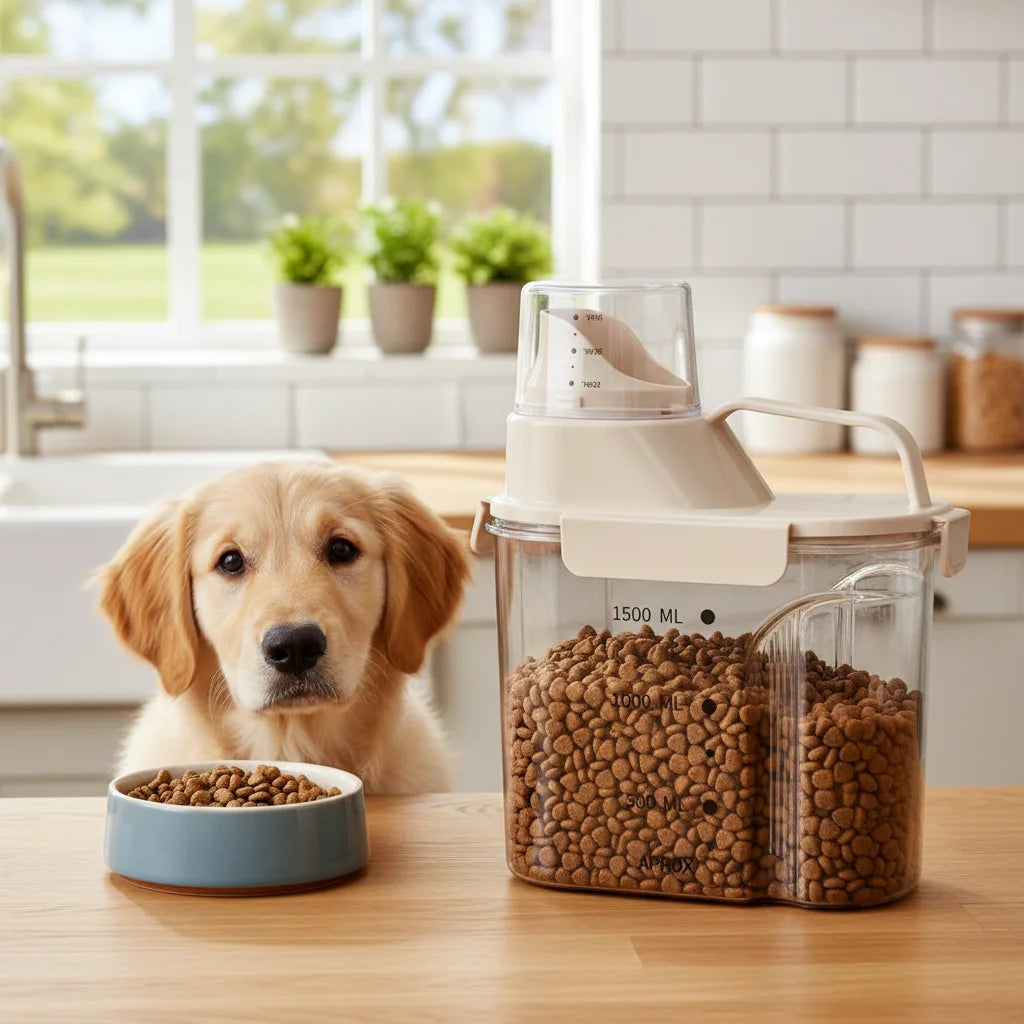 Airtight Food Container in Cream — 68 oz jar of kibble on a kitchen counter beside a golden retriever