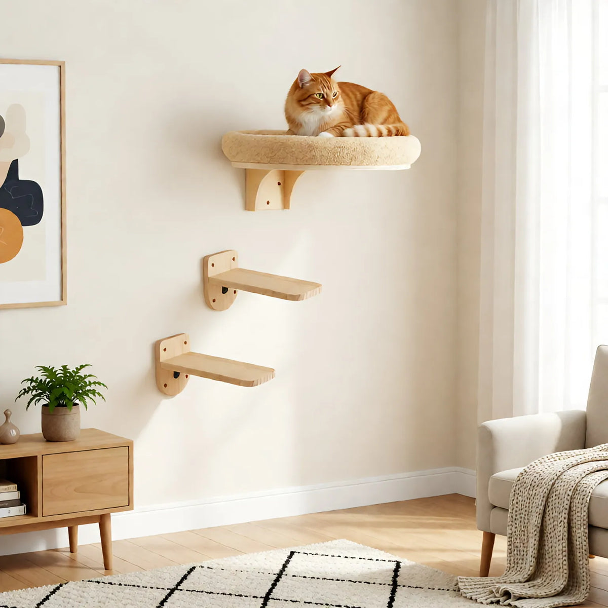 Wall Climbing Set in Sand — wall bed with two pine steps above a sideboard