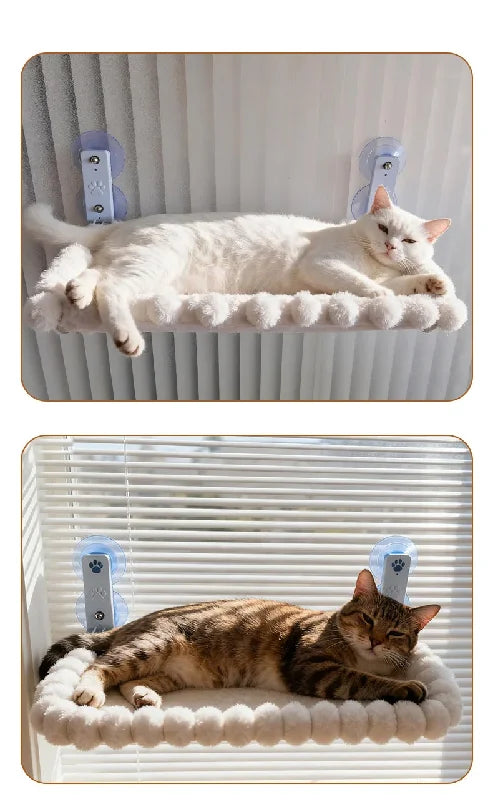 Window Perch in Cream — two views of cats lounging on the perch by a window
