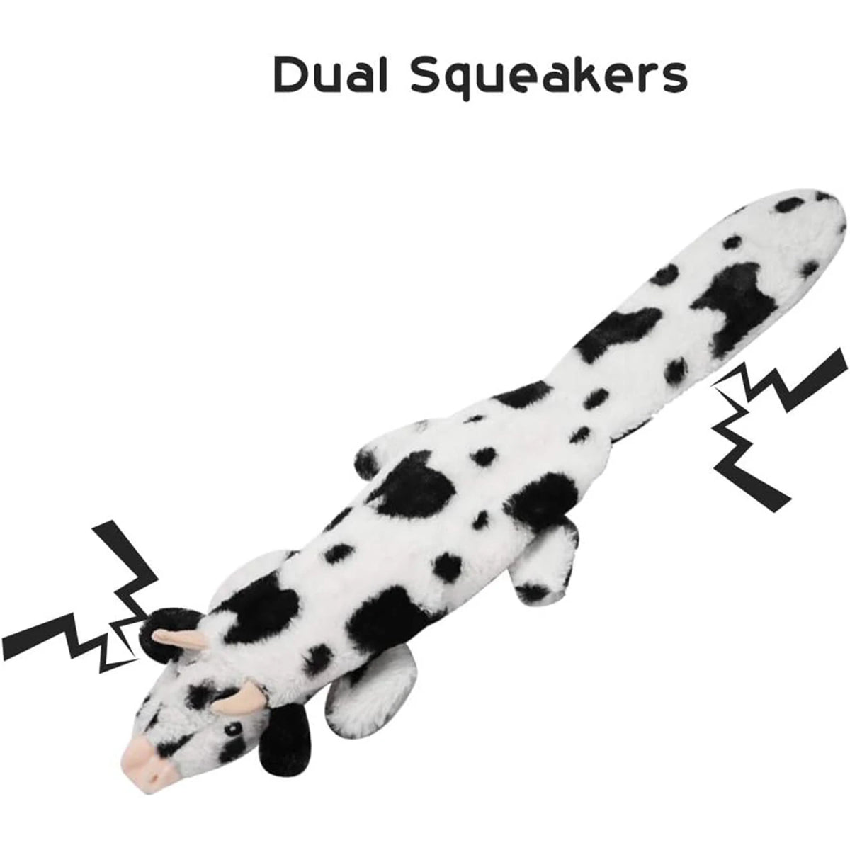 Crinkle Plush Toy in Cow — dual squeaker graphic on a white background