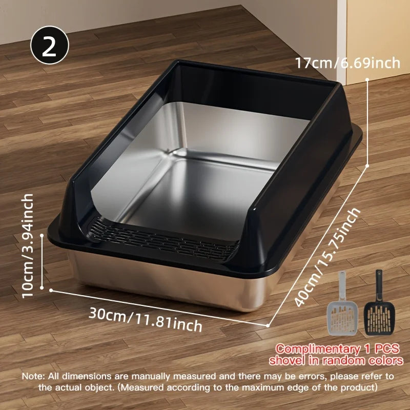 Stainless Steel Litter Box in Black — 16 × 12 × 7 in size with dimensions