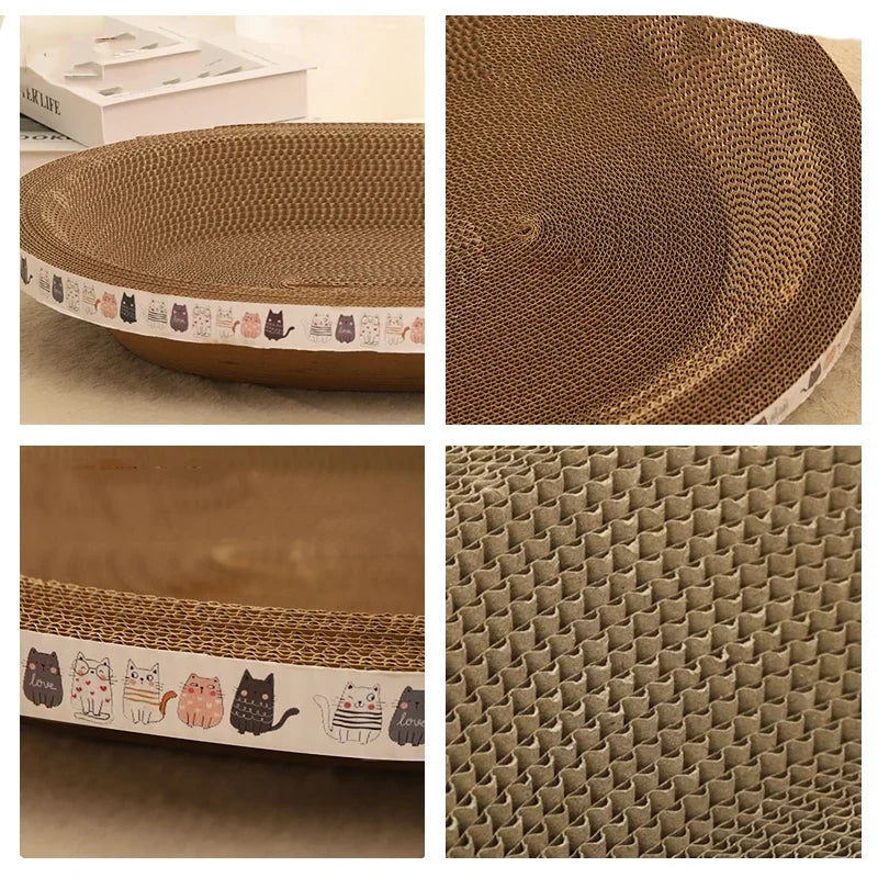 Cardboard Scratcher Lounge in Kraft — four detail views of the bowl shape and corrugated texture