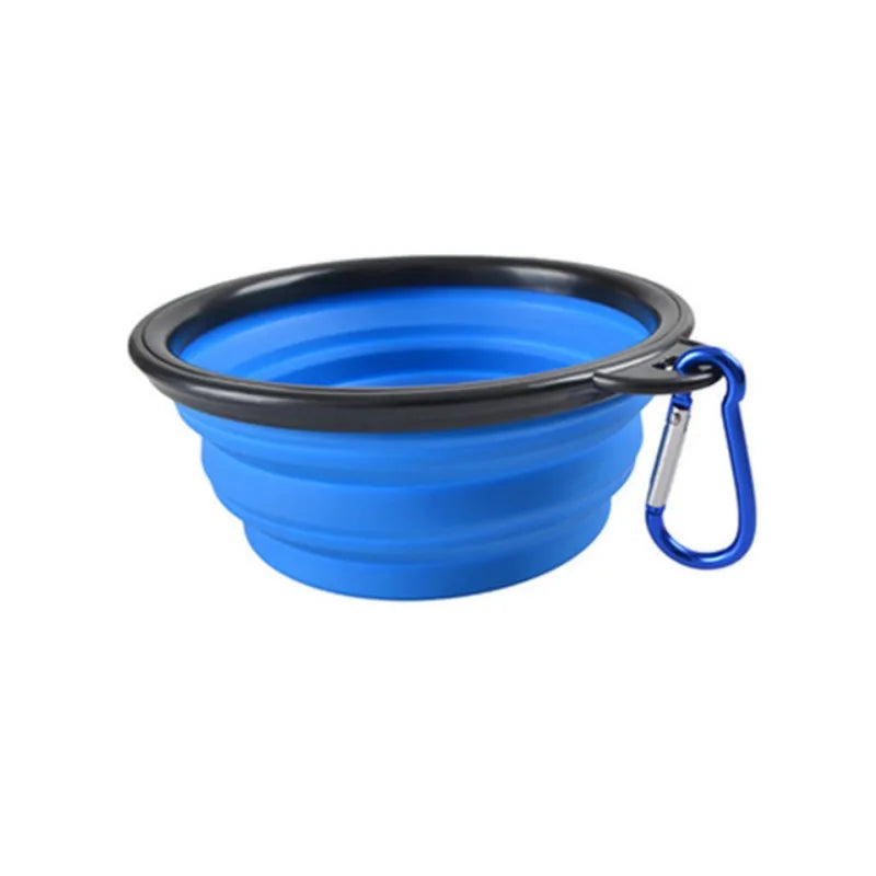 Collapsible Travel Bowl in Blue — the open bowl with its carabiner clip on a white background