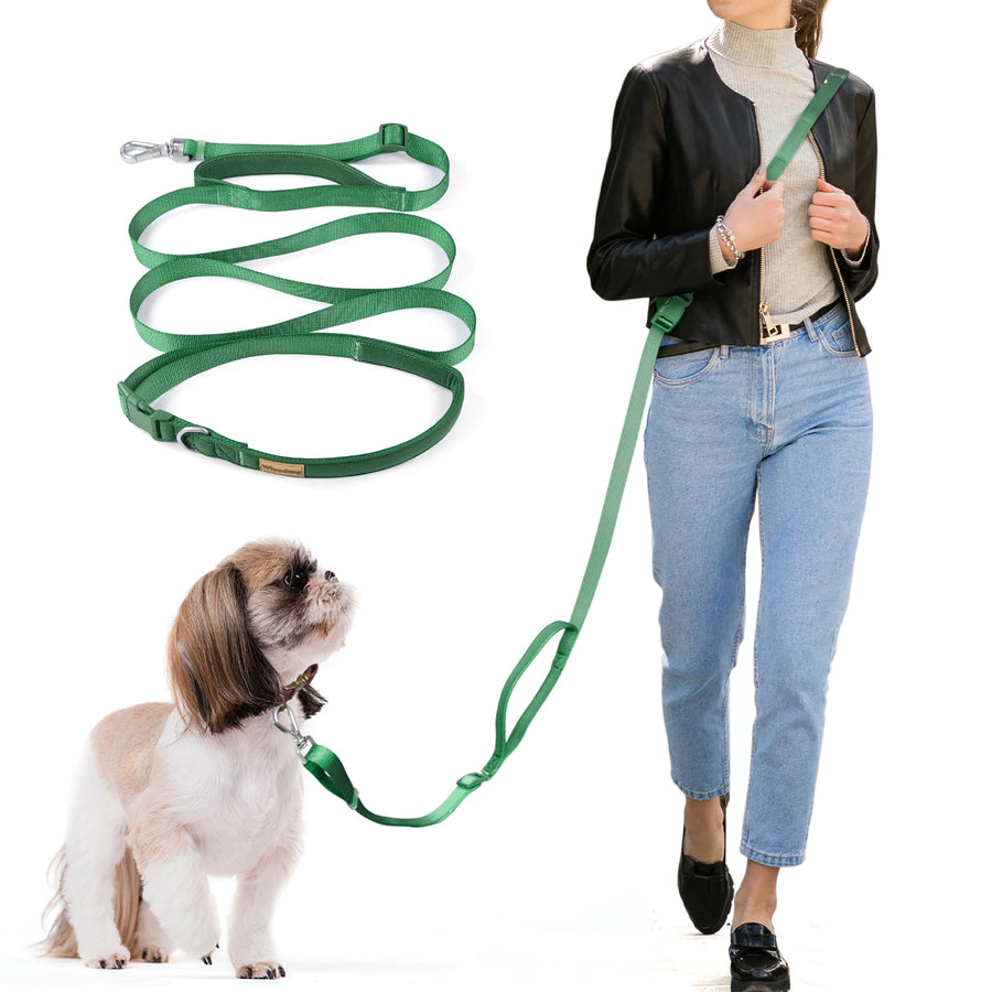 Hands-Free Crossbody Leash in Sage — worn across the body while walking a small dog