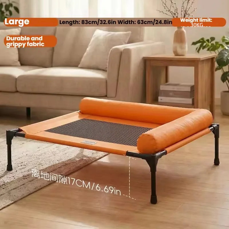 Elevated Cot Bed in Orange — large size with dimensions in a living room
