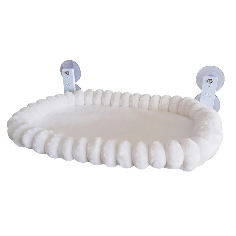 Window Perch in Cream — rectangle perch with brackets and suction cups on a white background