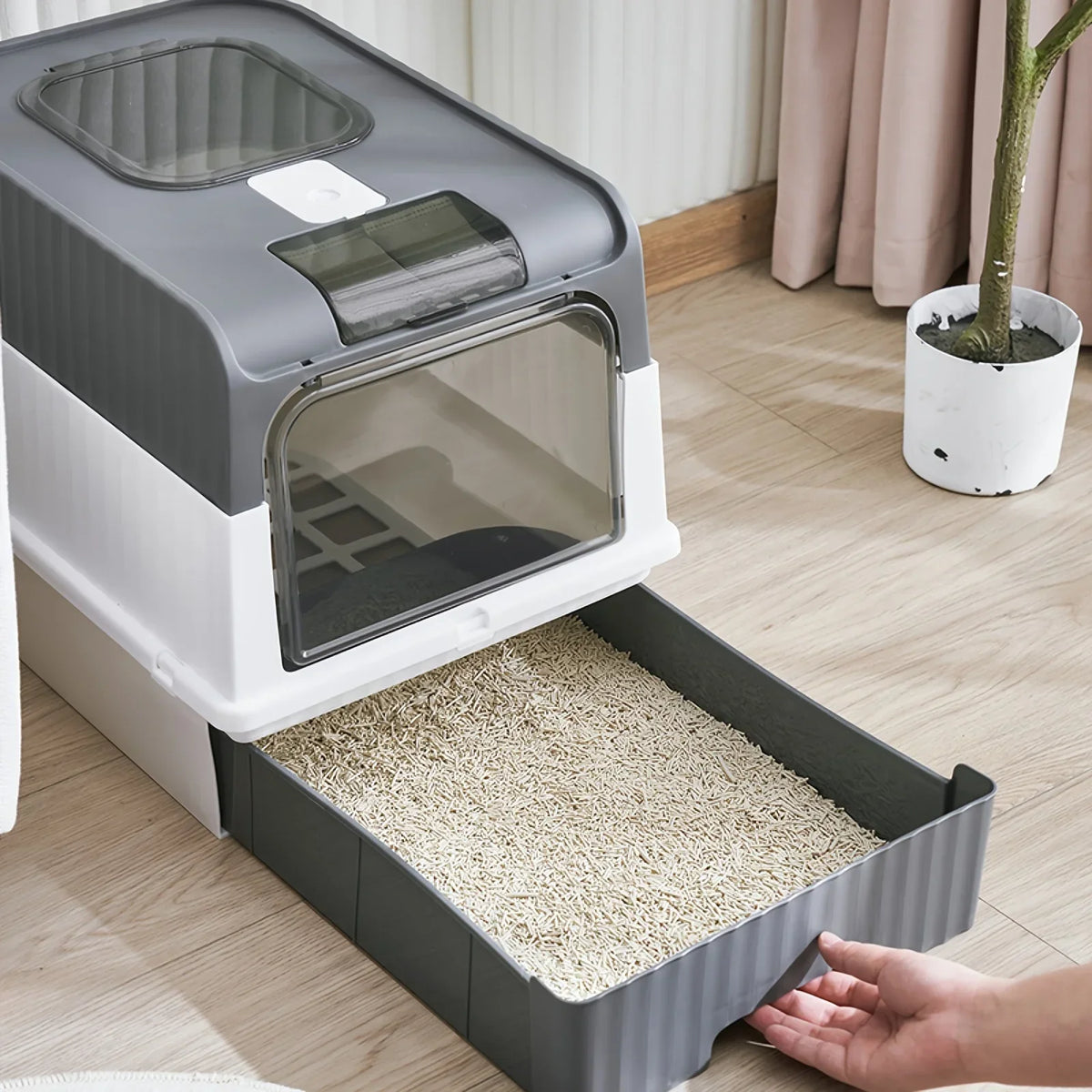 Enclosed Litter Box in Stone — drawer tray pulled out to show the litter