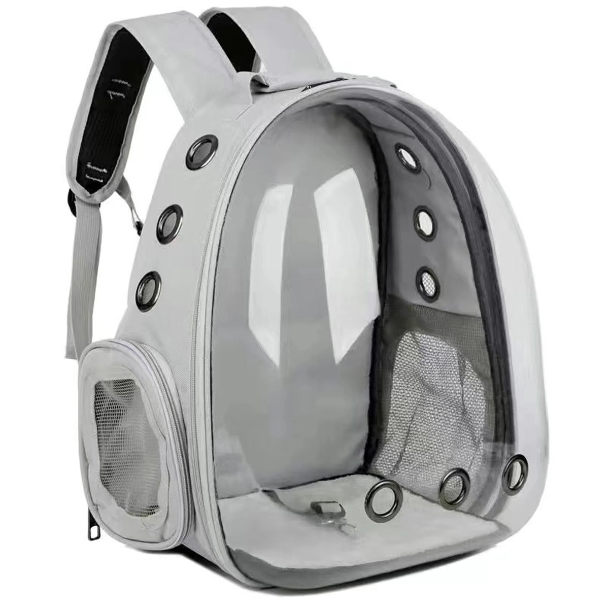 Window Cat Backpack in Stone — three-quarter view showing the mesh side pocket