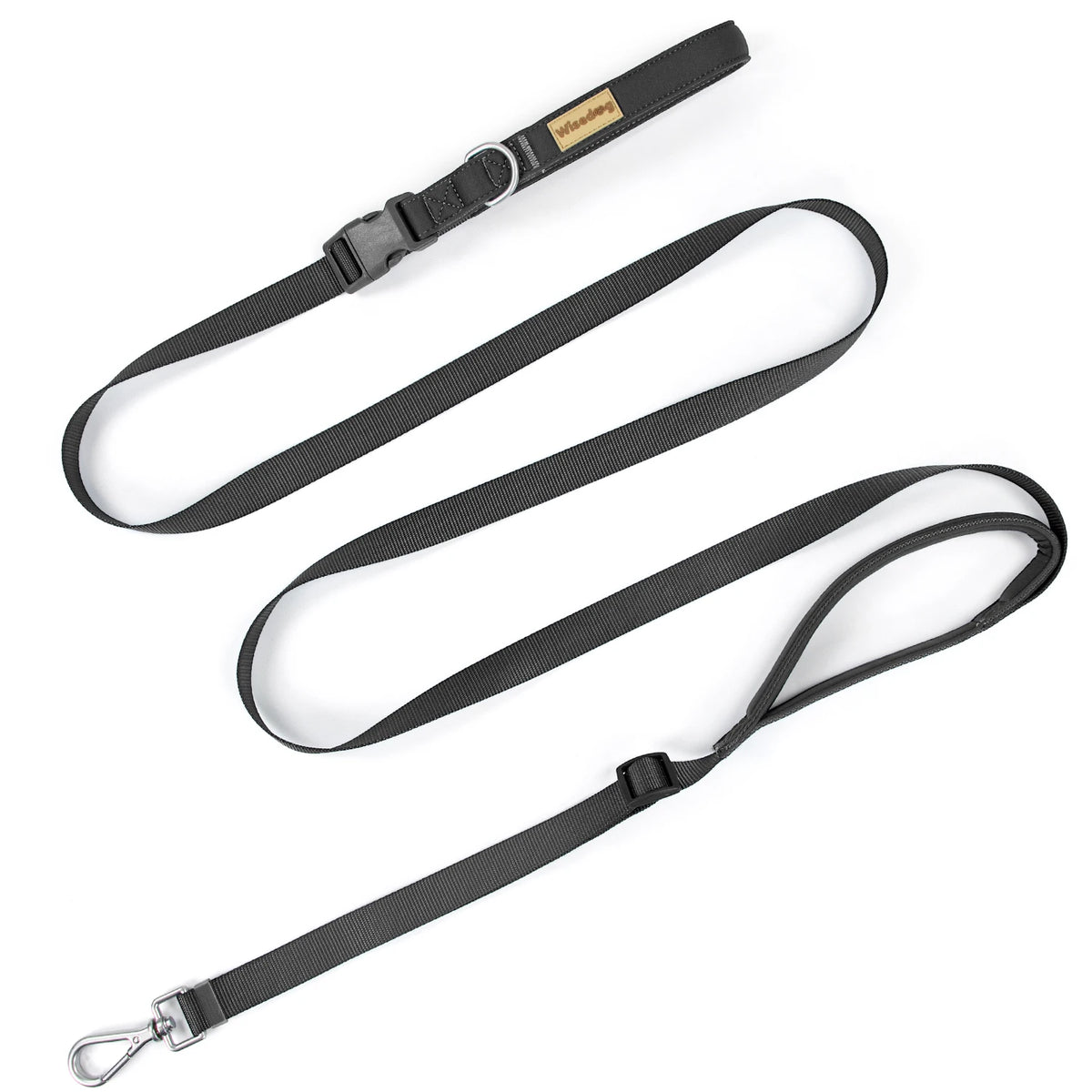 Hands-Free Crossbody Leash in Black — full leash with padded handles and snap hook on a white background