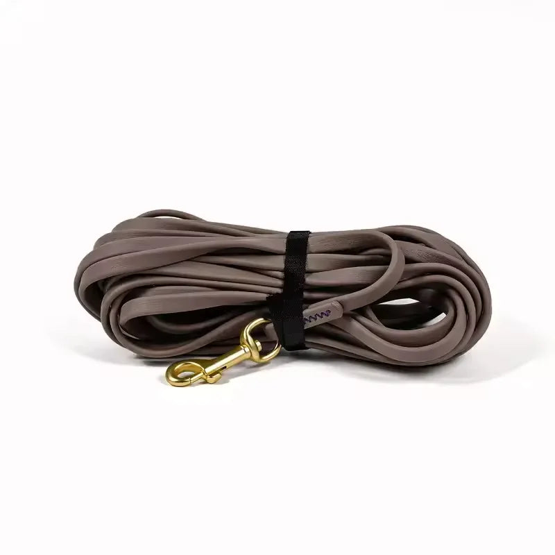 Coated Long Line Leash in Stone — coiled leash with brass-tone snap hook on a white background