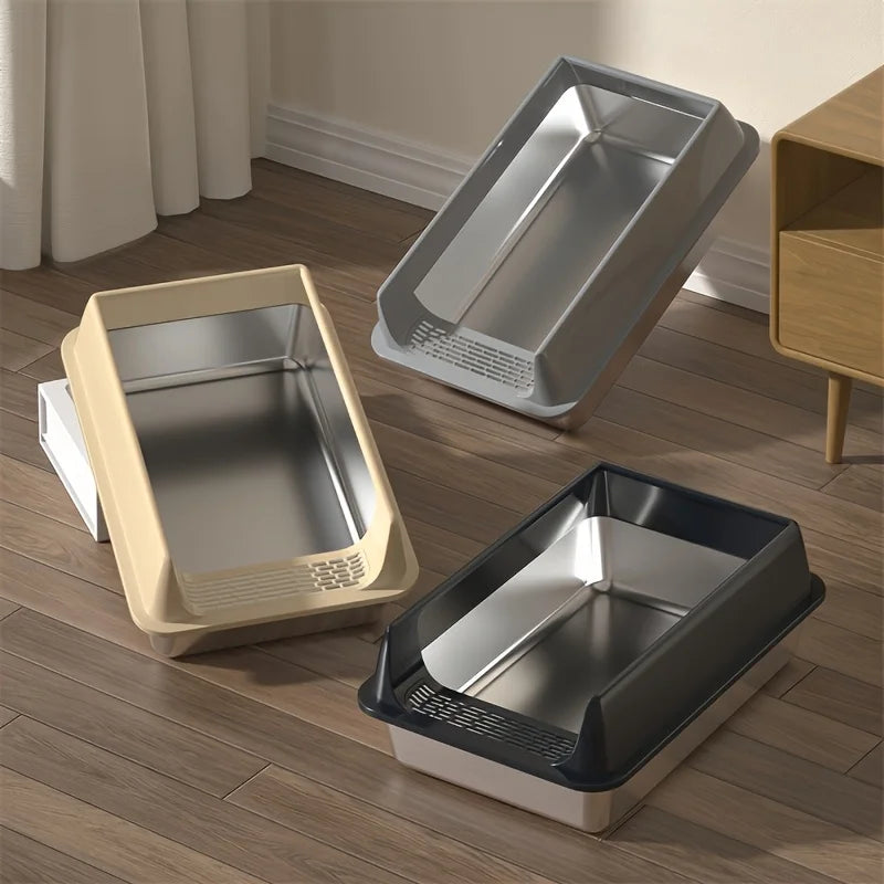 Stainless Steel Litter Box in Sand, Stone and Black — three boxes on a wood floor