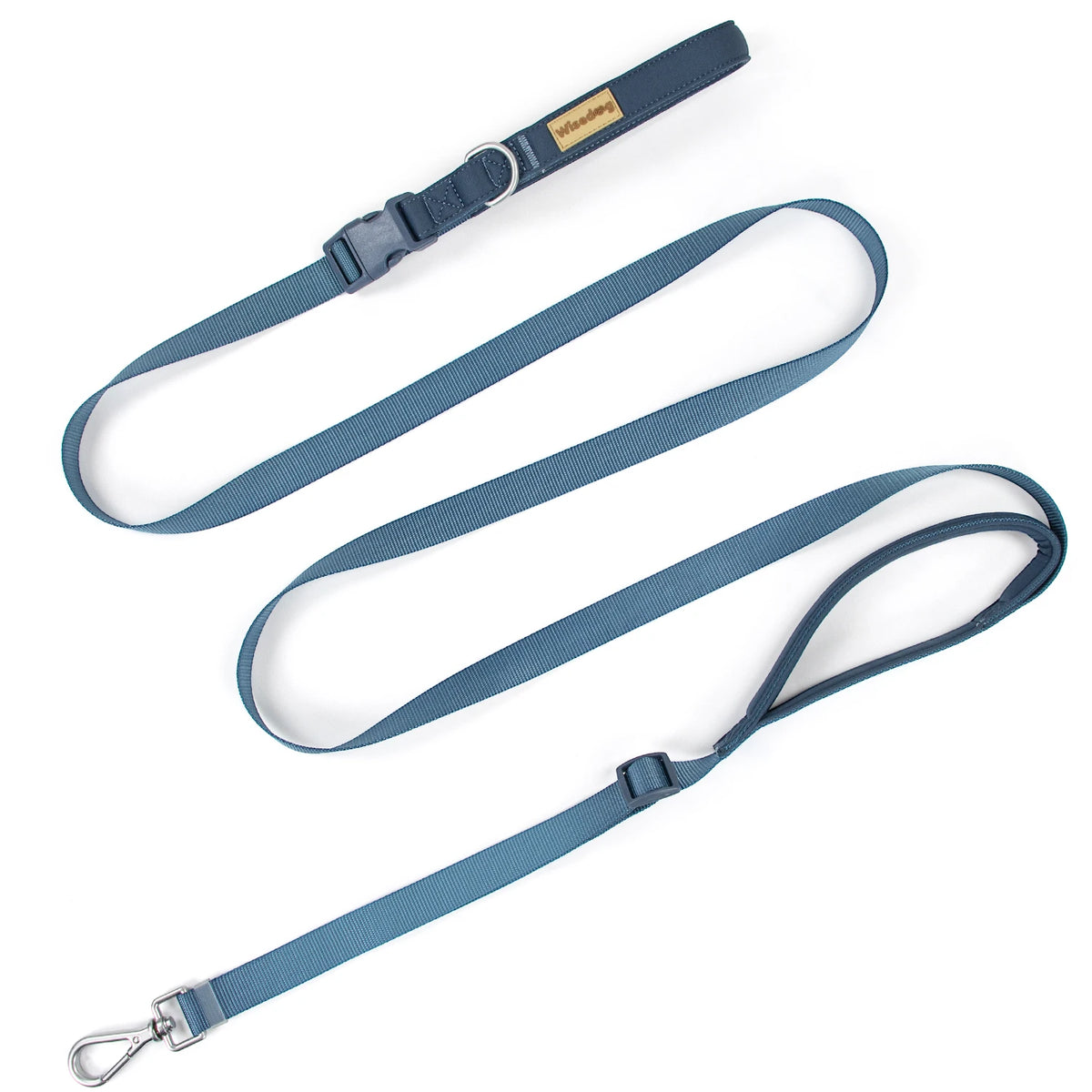 Hands-Free Crossbody Leash in Blue — full leash with padded handles and snap hook on a white background