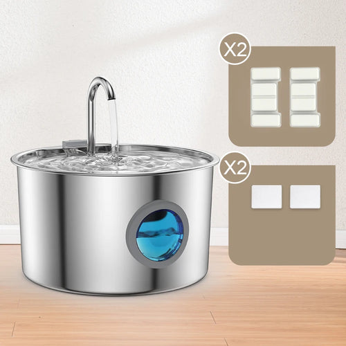 Stainless Steel Water Fountain in Silver — fountain with 2 filter sets in a bright room