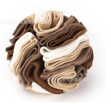 Snuffle Ball in Cocoa — layered brown, tan and cream ruffles on a white background
