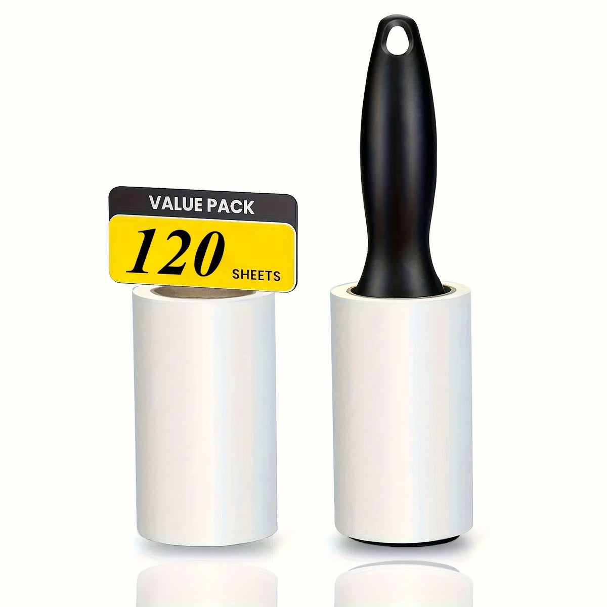 Pet Hair Lint Roller in Black — 120-sheet set with handle and two rolls on a white background