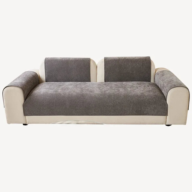 Chenille Sofa Cover in Stone — seat, back and arm pieces on a cream loveseat