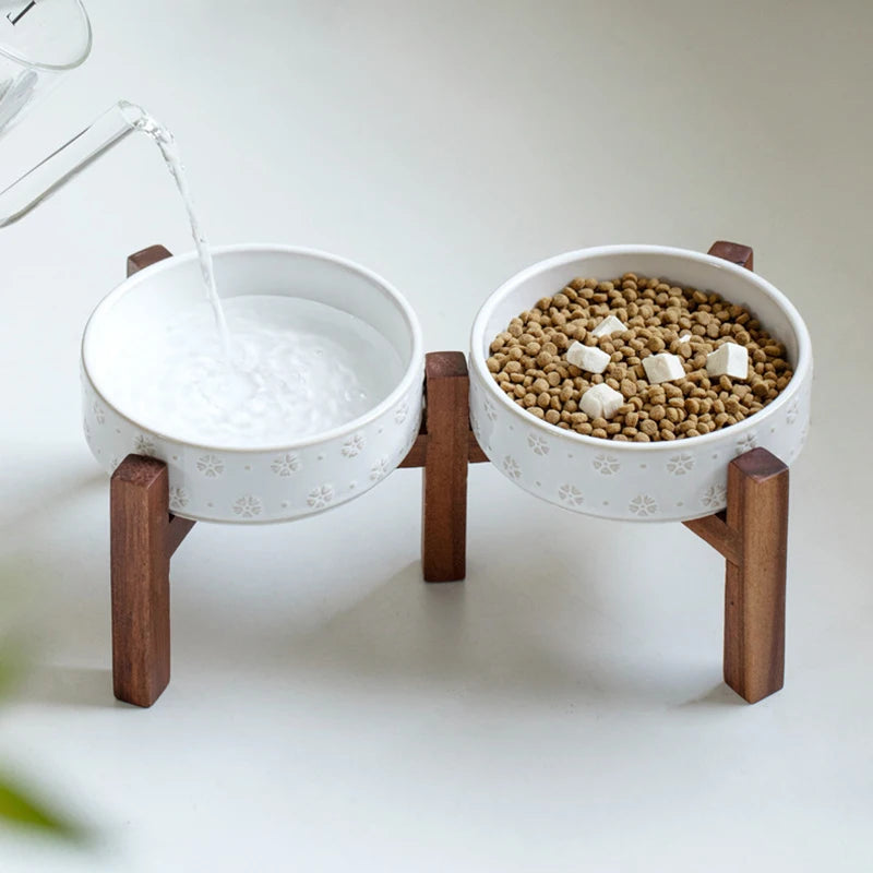 Raised Ceramic Feeder in Cream — double stand set with water and kibble