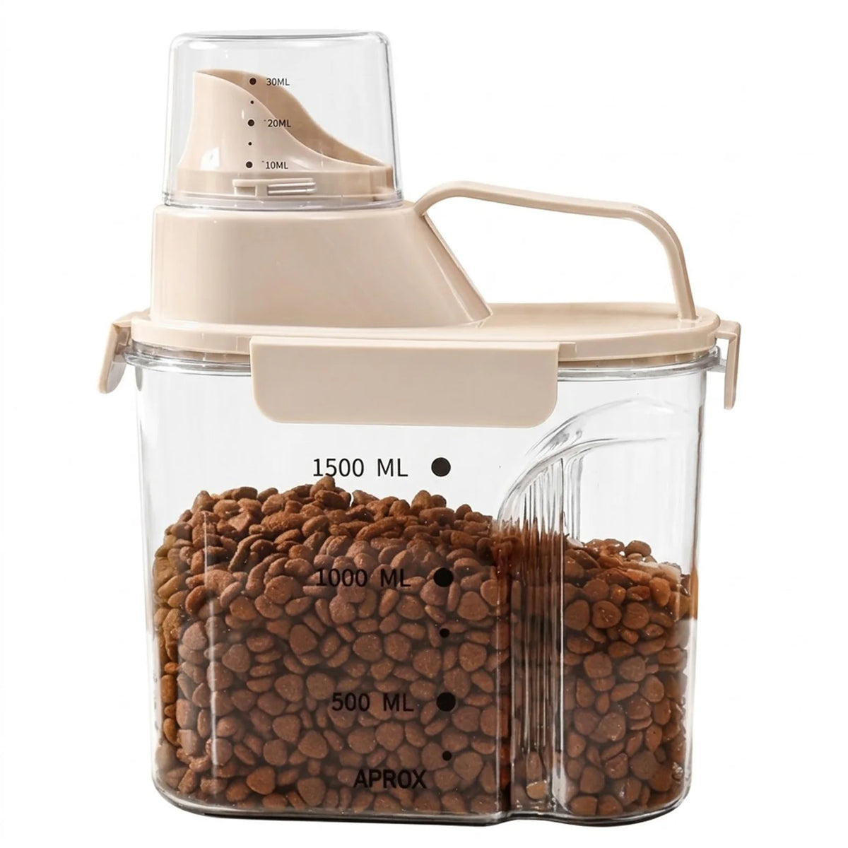 Airtight Food Container in Cream — 68 oz (2 L) jar with measuring cup, on a white background