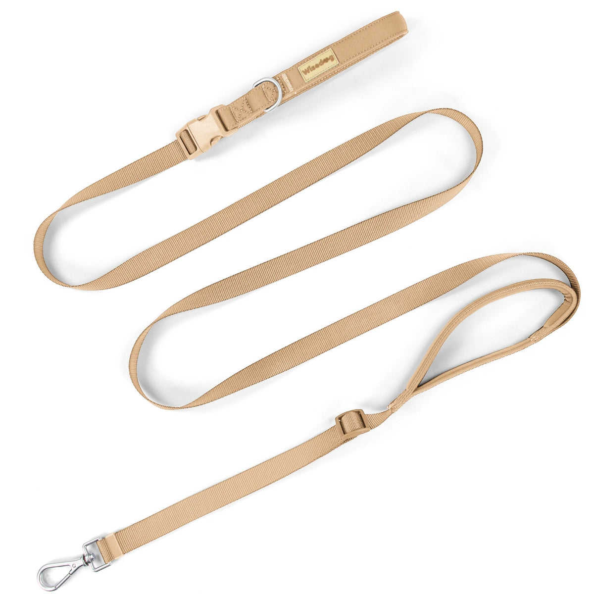 Hands-Free Crossbody Leash in Sand — full leash with padded handles and snap hook on a white background