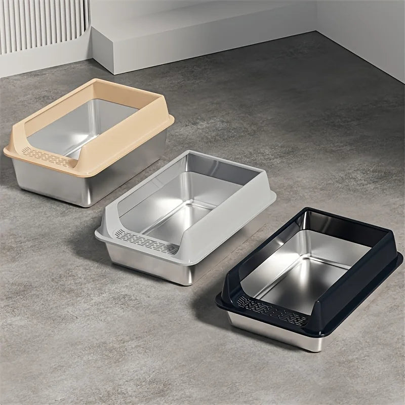 Stainless Steel Litter Box in Sand, Stone and Black — three boxes on a concrete floor