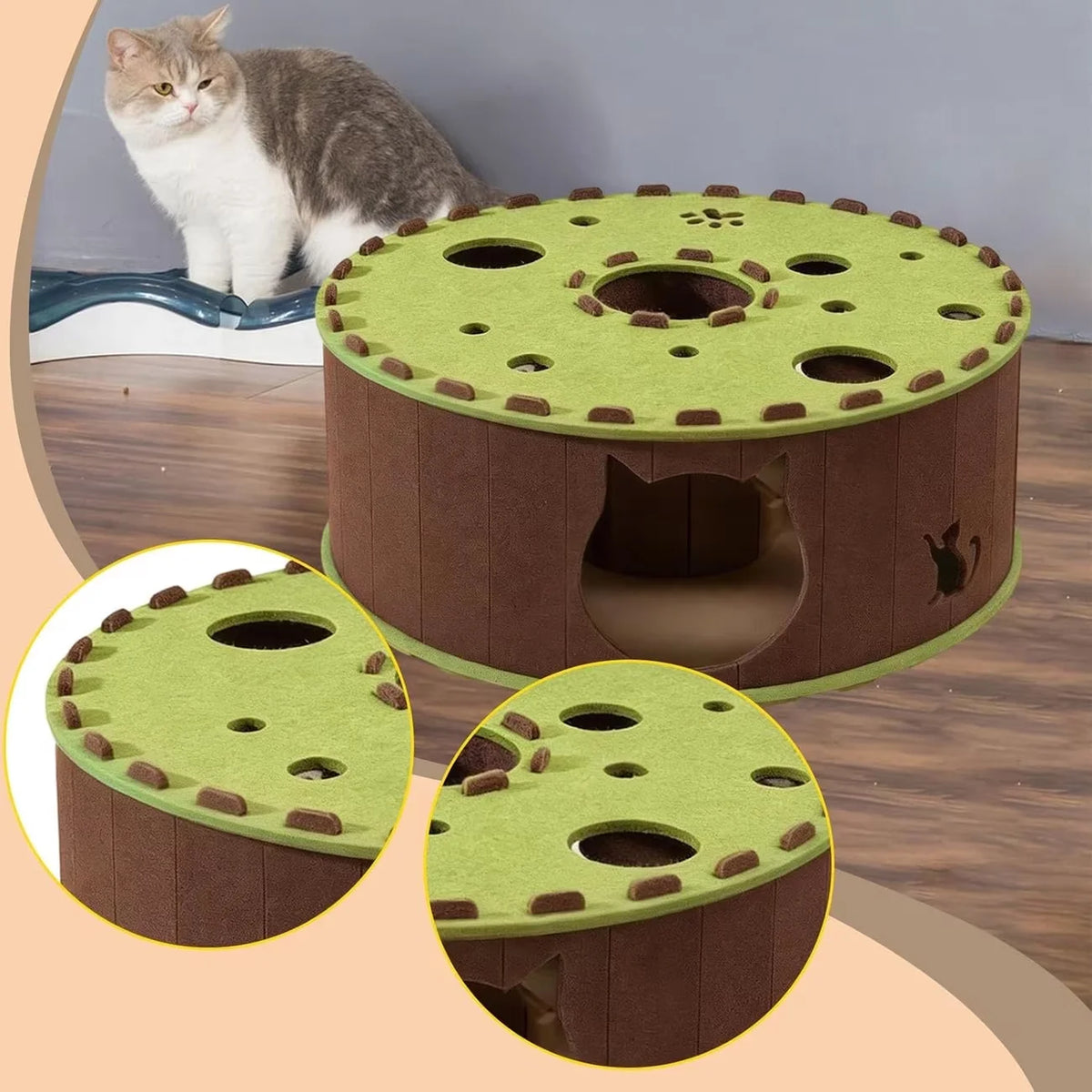 Felt Tunnel Cat Den in Sage — close-up details of the felt top and peepholes