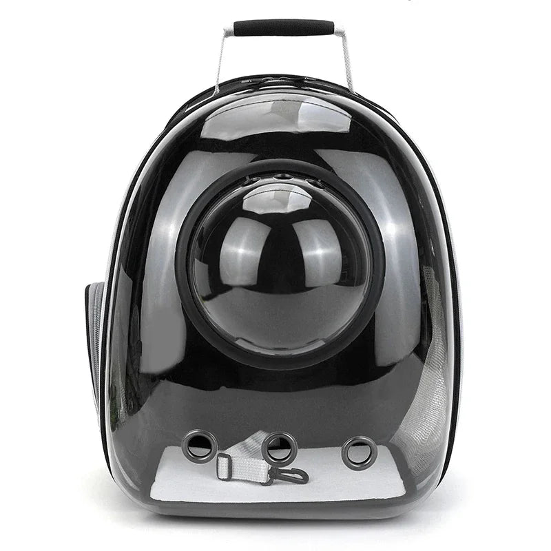 Window Cat Backpack in Black with bubble dome — front view with the clear dome fitted
