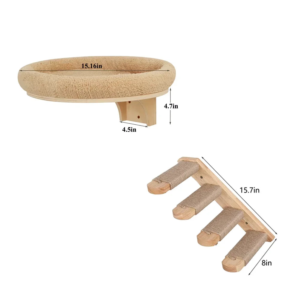 Wall Climbing Set in Sand — bed with sisal ladder and dimensions on a white background
