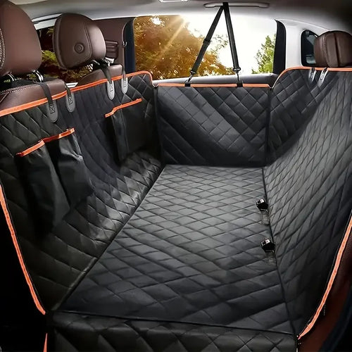 Back Seat Hammock in Orange Trim — black quilted cover with orange piping fitted in the back seat