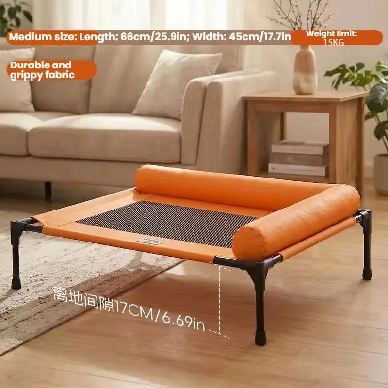 Elevated Cot Bed in Orange — medium size with dimensions in a living room