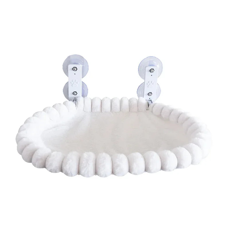 Window Perch in Cream — oval perch with brackets and suction cups on a white background