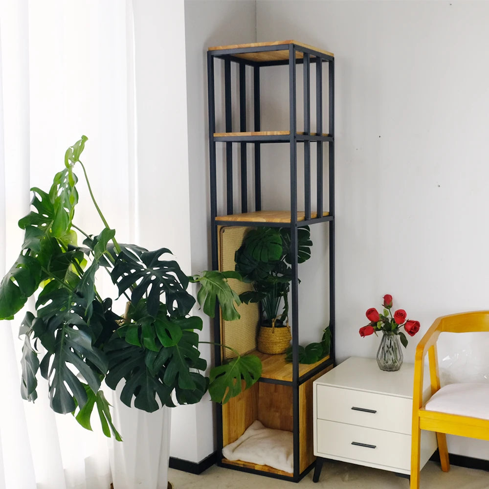 Modern Cat Tree in Shelf Tower — tall shelving tower with cube condo beside houseplants