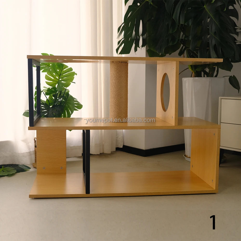 Modern Cat Tree in Low Console — wood console with sisal post and enclosed condo