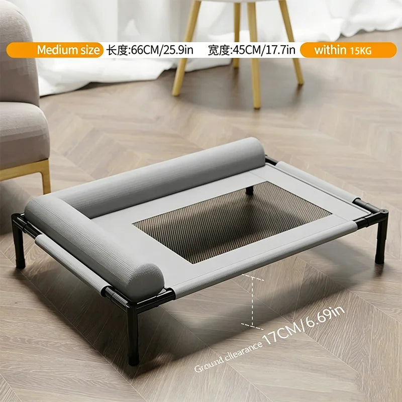 Elevated Cot Bed in Stone — medium size with dimensions and floor clearance