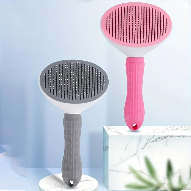 Self-Cleaning Slicker Brush in Stone — styled on a marble stand