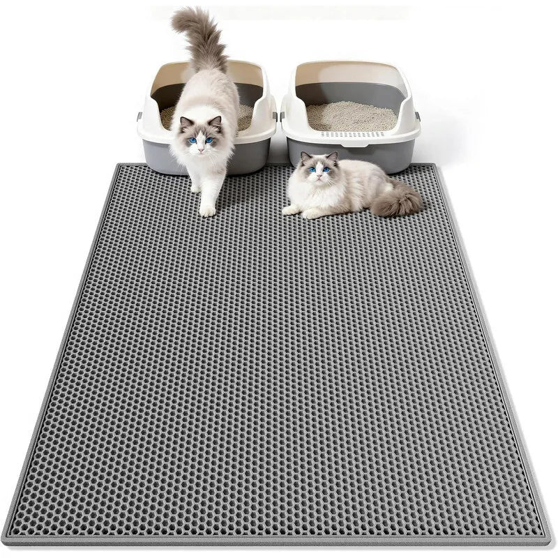 Honeycomb Litter Mat in Stone — two cats beside litter boxes on the mat, on a white background