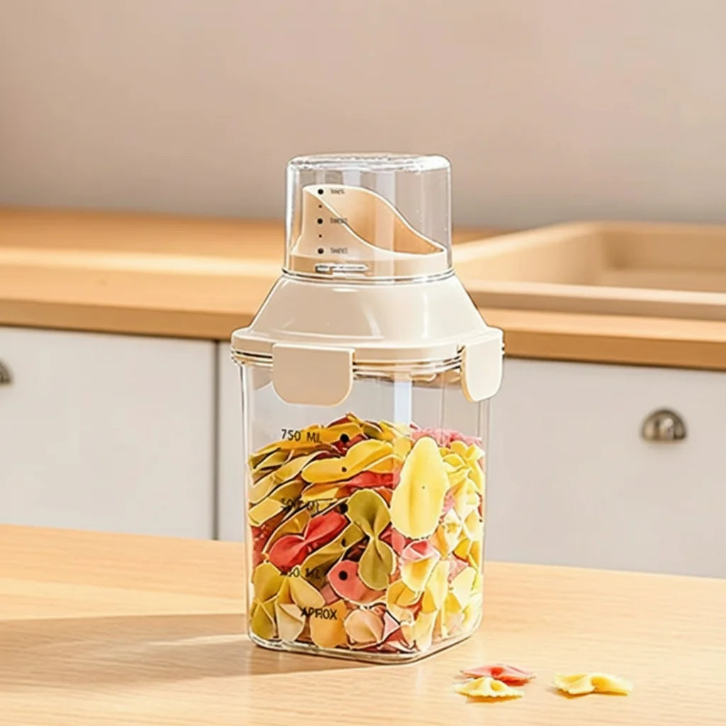 Airtight Food Container in Cream — 34 oz square jar filled with pasta on a kitchen counter