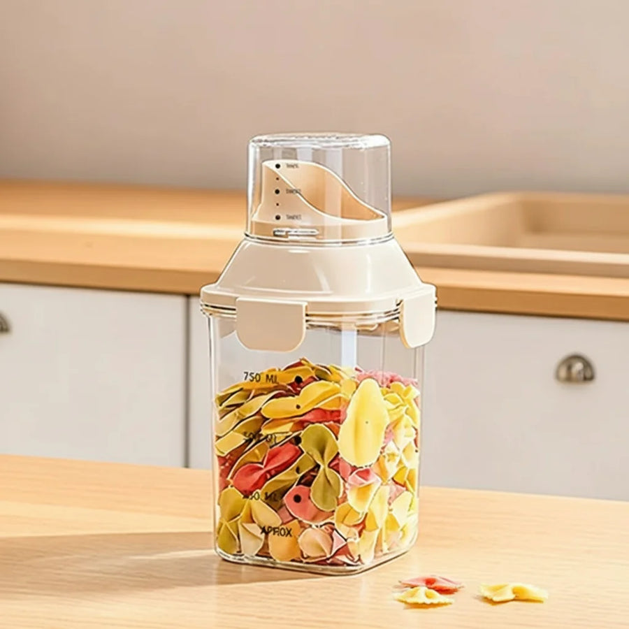 Airtight Food Container in Cream — 34 oz square jar filled with pasta on a kitchen counter