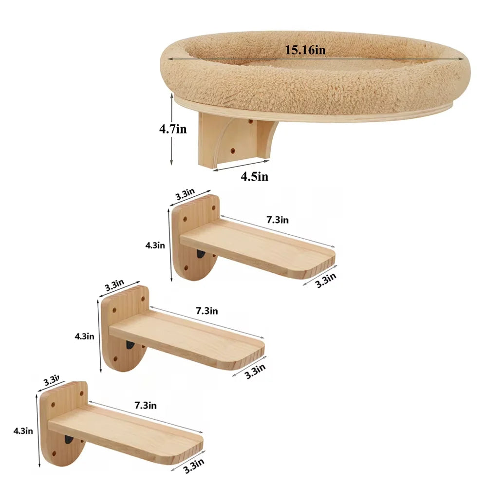 Wall Climbing Set in Sand — bed with three pine steps and dimensions on a white background