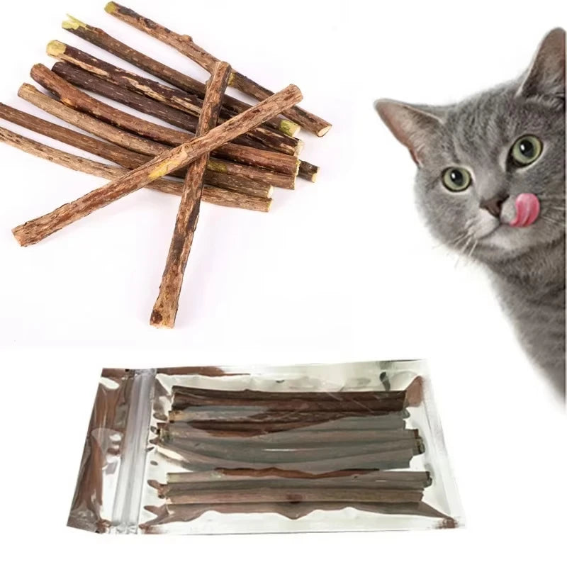 Silvervine Chew Sticks in Natural — loose sticks and bag beside a cat on a white background