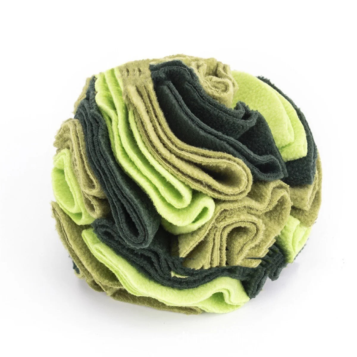 Snuffle Ball in Forest — layered olive and deep green ruffles on a white background