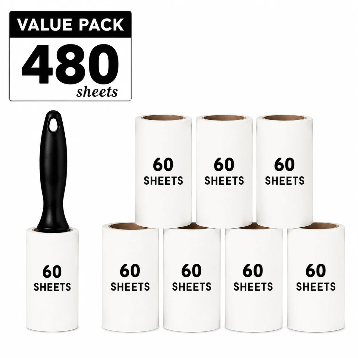 Pet Hair Lint Roller in Black — 480-sheet set with handle and eight rolls on a white background